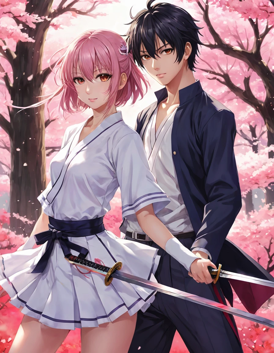 Anime couple with sword and clothes in the wind, Yandere, by Kanamoto Village, Yandere. Takao, Gapmoe Yandere, Zerochan Art, Shingei, Zerochan, high quality fanwork inspired by Masanobu Okumura, anime style, Japanese anime style, they are siblings, anime styles such as Fate/Stay Night, Shota, Lori