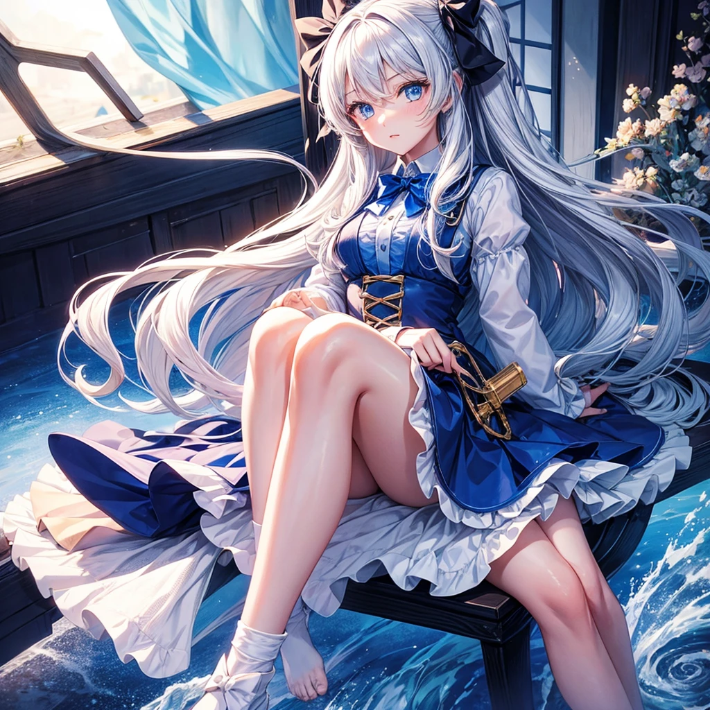 1 girl, long hair, blue eyes, bow tie, Fair Light, Anime style, Foot out of frame,