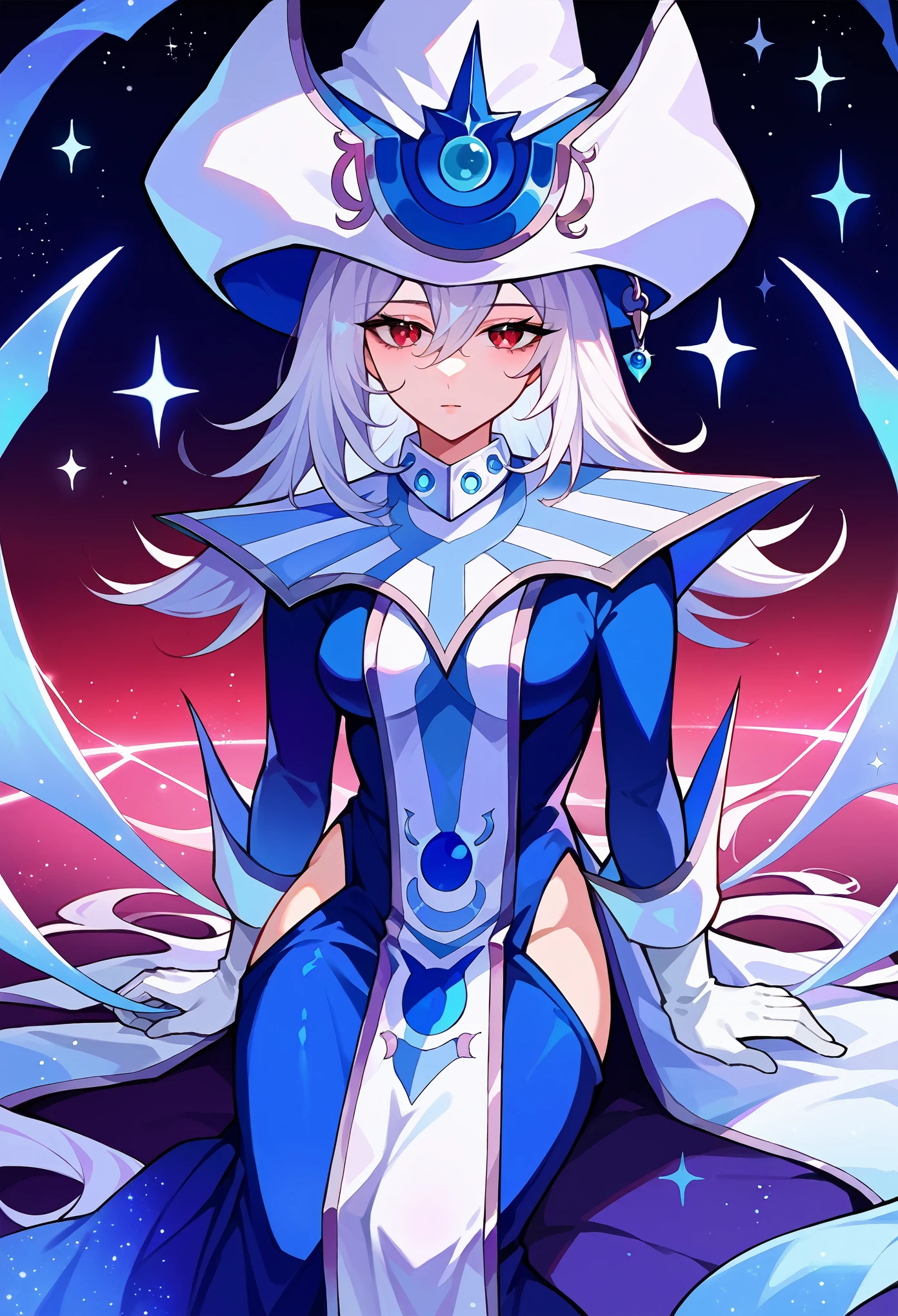 score_9, score_8_up, score_7_up, source_anime, 1girl, solo, silentmagician, white hair, red eyes, wizard hat, blue dress, hip vent, long sleeves, white gloves, tabard, pelvic curtain, sitting on ground, sexy expression, looking at you, magical background, blue and white sparkles, blue galaxy, white galaxy, 