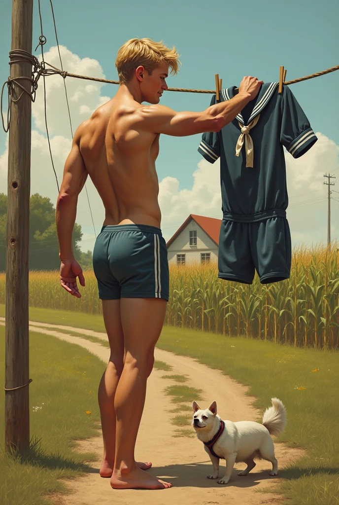 ( view from aside )homoerotism+paul_chabas art style, young_man+clothesline+house+dog+cat, a young blond man with a slender muscular body, barefoot naked, shirtles, pantlless, barefoot, showing his perfect showing his perfect, nude, naked, and round buttocks,, hangs his sailor uniform on the clothesline to dry, in the background a country house, small corn fields, sunny day in Texas, the face of the young happy entusiaic for traveling around the world