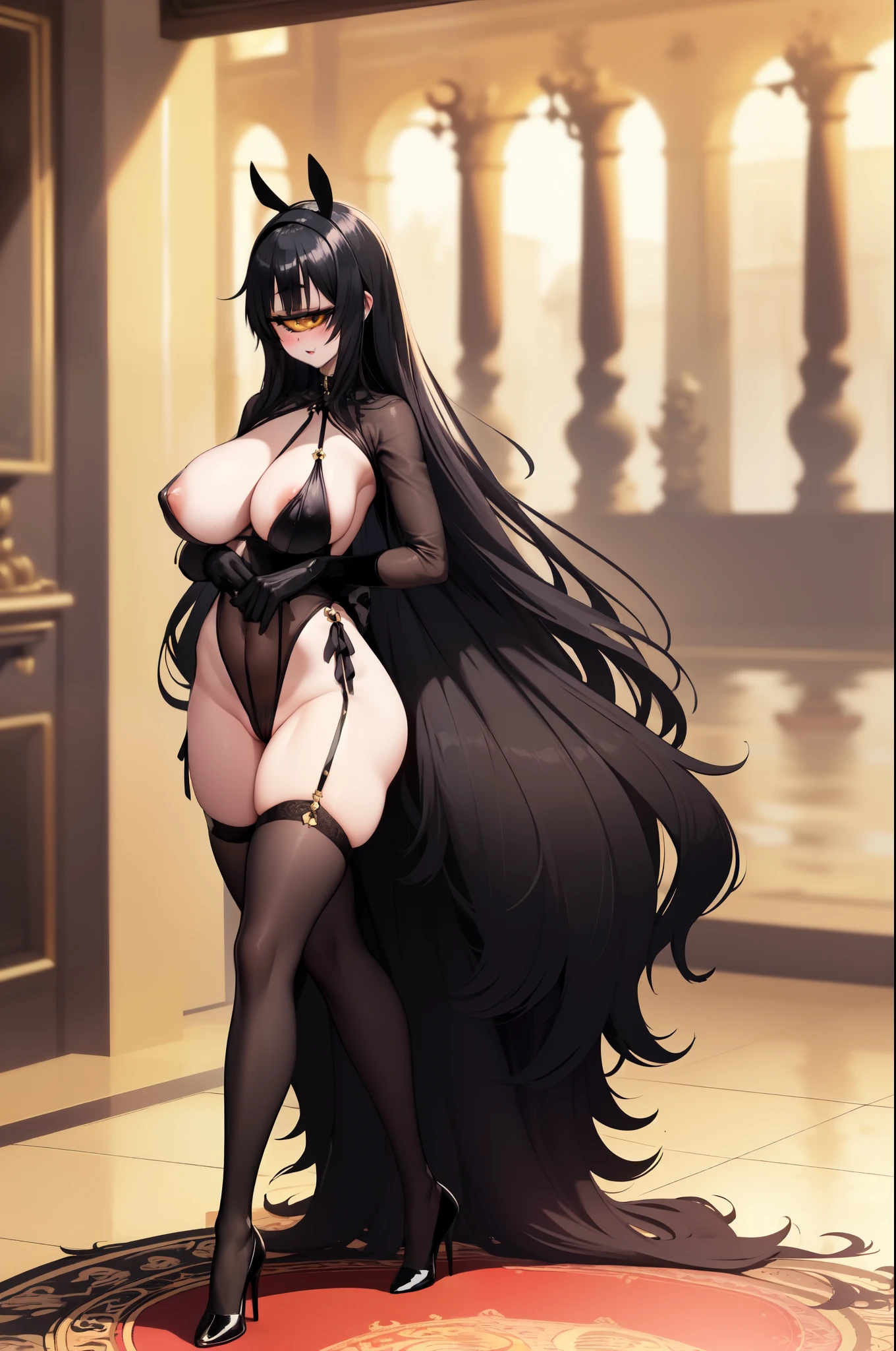 jeune femme cyclope, (outrageuse poitrine:1.4), sexy body, cheveux noir long, vêtement sexy, pose lancinante, fullbody, sexy, près d'un châteaux.