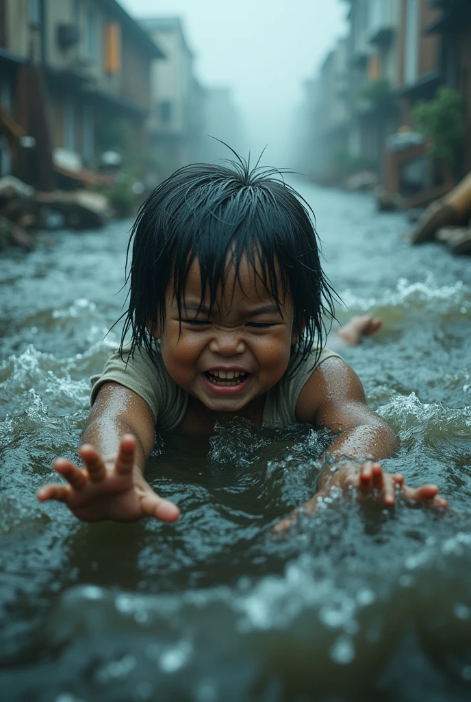 A in the flood cries to be saved from the water.