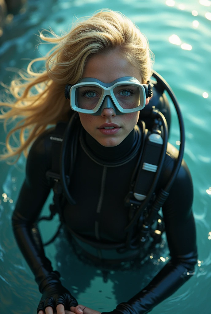 Hot tennage girl wearing black wetsuit she has blond hair and now she is also wearing scuba gear she is wearing latex black gloves she is wearing scuba gear girl is having air tank and scuba mask she has freckles girl is now trying to save a boy from the water