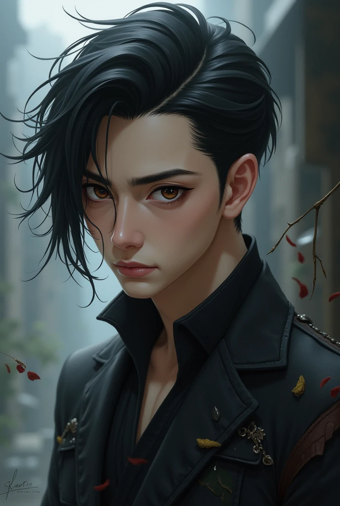 Young man character with black hair slicked back, dark brown eyes in demon slayer anime style