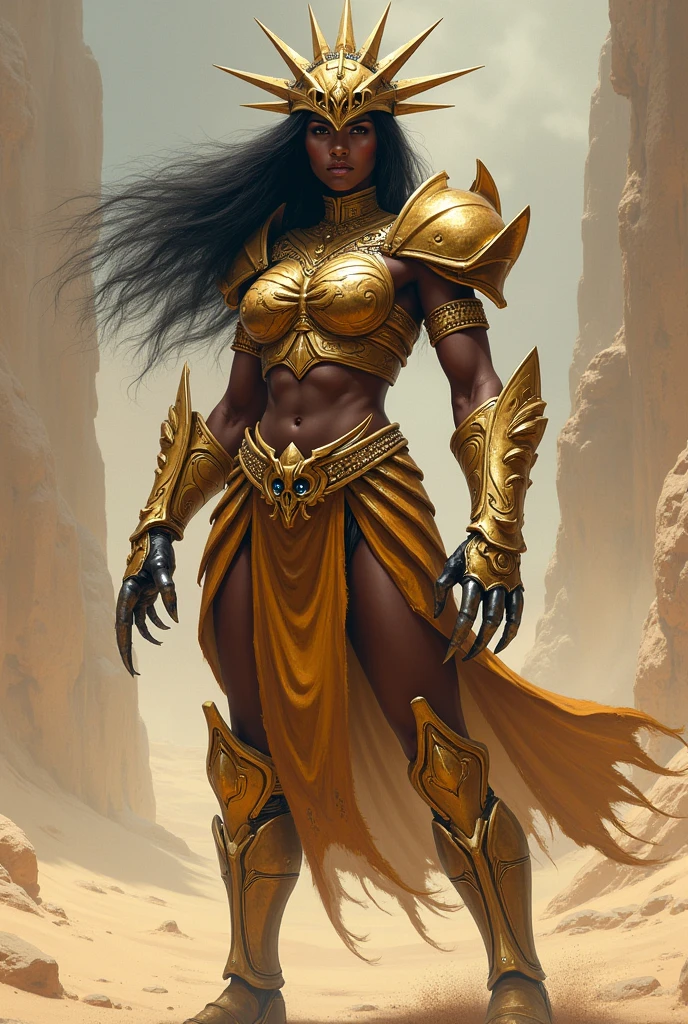 concept art,brown skin,riot game style,gold tatoo,Golden armor,stone chains ornament,Wielding sword,female warrior,Stone Age,Primitive fur,d render,full body shot,Warm tone picture,black hair,ponytail,warm,no white primitive fur,sunny,desert climate,a bright sunny day with strong sunlight,glaring armor