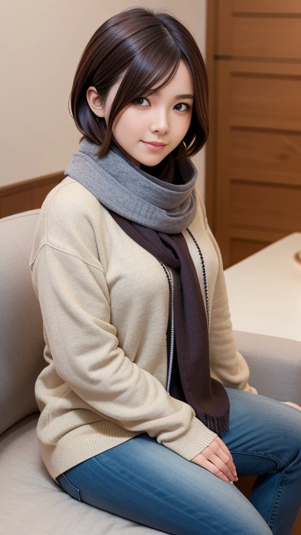 Bell, anime, Brown Hair, Medium chest, Brown eyes, A light smile, jeans, scarf, Grey sweatshirt, Blue pants, Sitting, Sitting cross-legged, Inside the smart home, Sitting on the couch, Shino Asada's Face, anime Sword Art Online, Highest quality、Tokyo Skytree、appear