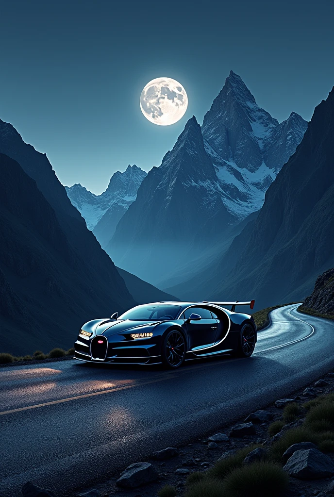 Create me a cover similar to the cover that was used in the Malo H song with the difference that I want a Bugatti car on a mountain at night, with the same art that was used on the cover