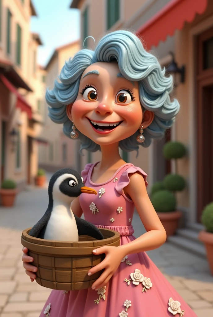 70 year-old woman with curly blue hair
A pink dress with pictures of white roses on it
A wooden basket with a penguin inside
In itlly
Style 3D