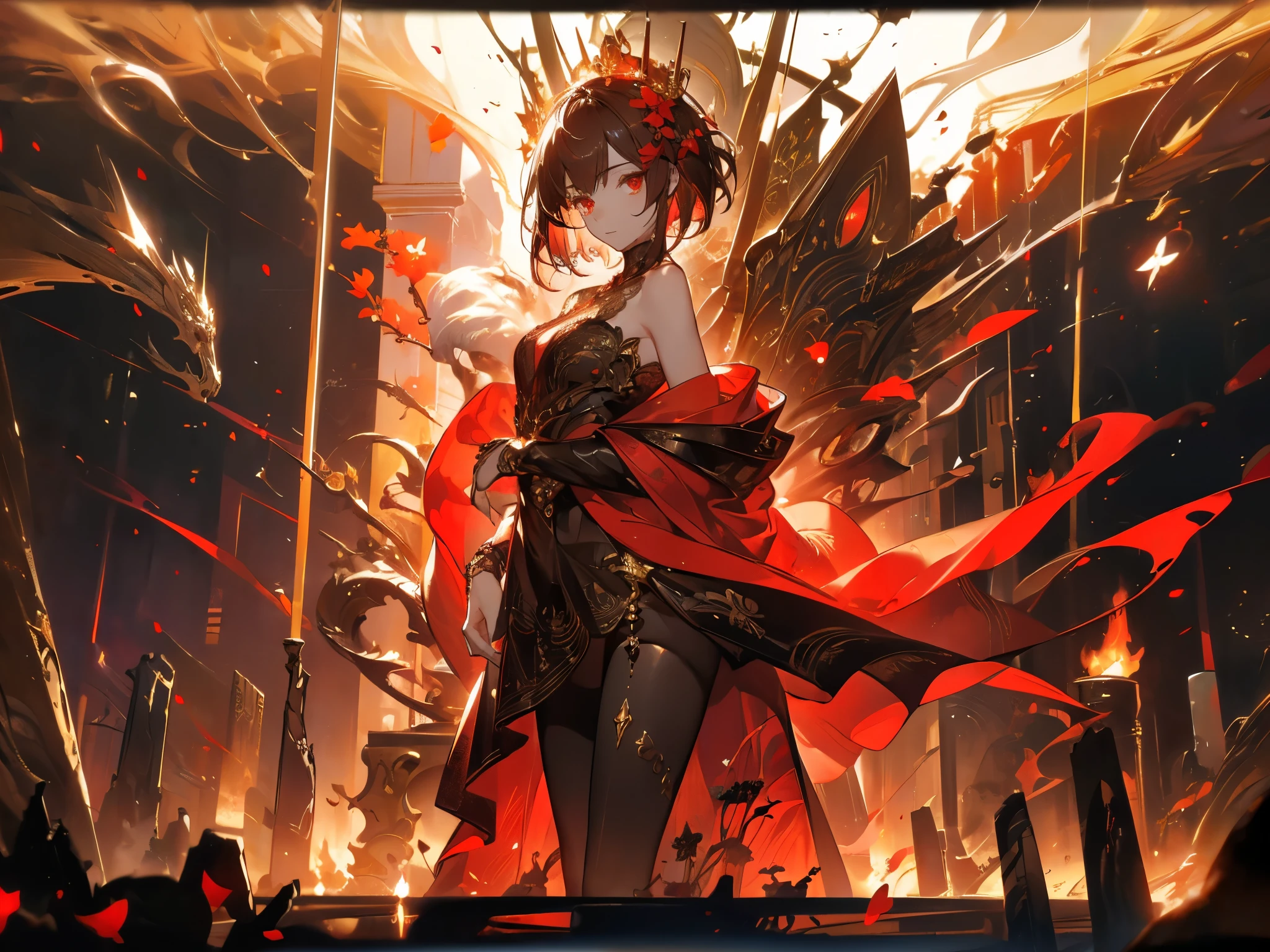 ((masterpiece, best quality)), Epic battlefield atmosphere，Ashes Paradise，Queen，Gold coat，Flame Surround，spark，Petals falling，A meticulous face，Standing image，Perfect body proportions，Long legs，Stylish short hair，Beautiful red eyes，Fantasy style，White background，transparent，Sexy，Lace，Pantyhose，NUDE