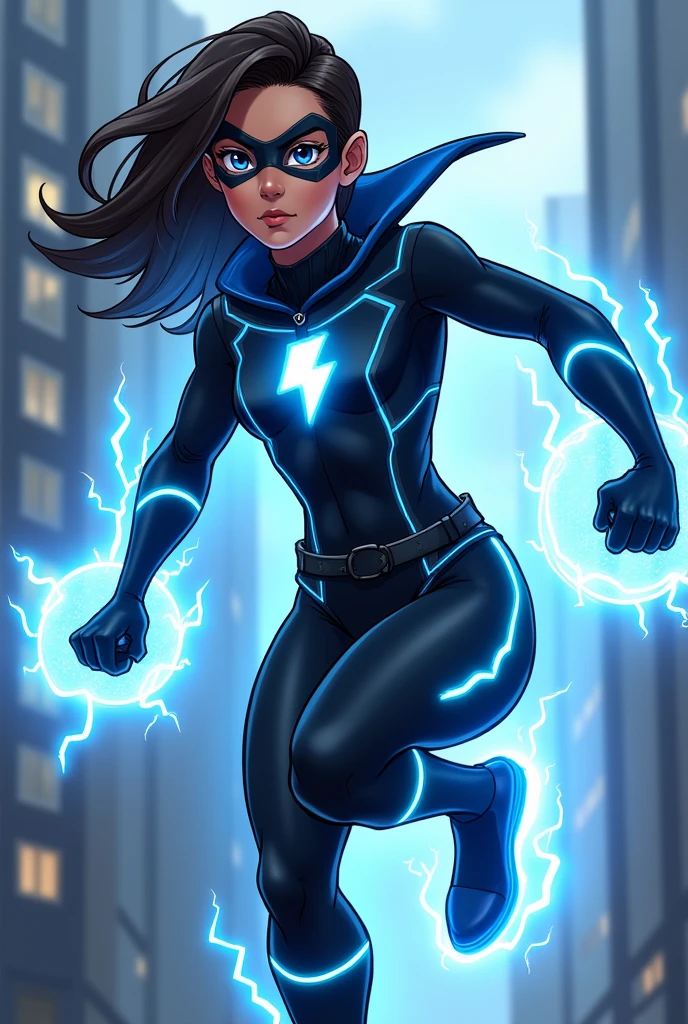 Make me a superhero whose suit is black with blue details, with super speed with lightning details on his hands and feet with a lightning emblem on his chest, with a mask and everything in an animated version that is not muscular so that you can see his hair