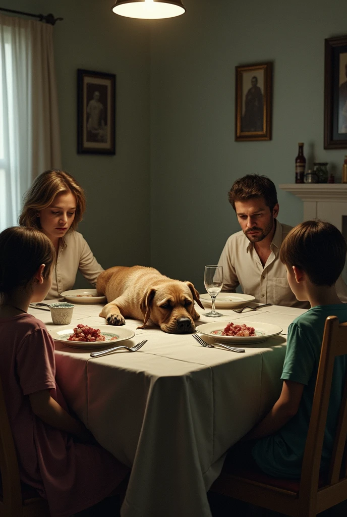 a realistic image of a happy family at a dinner table, a one woman, a man and two children, one and one . on the table a dead dog with closed eyes served as a meal for dinner. the dog is dead and he is the food