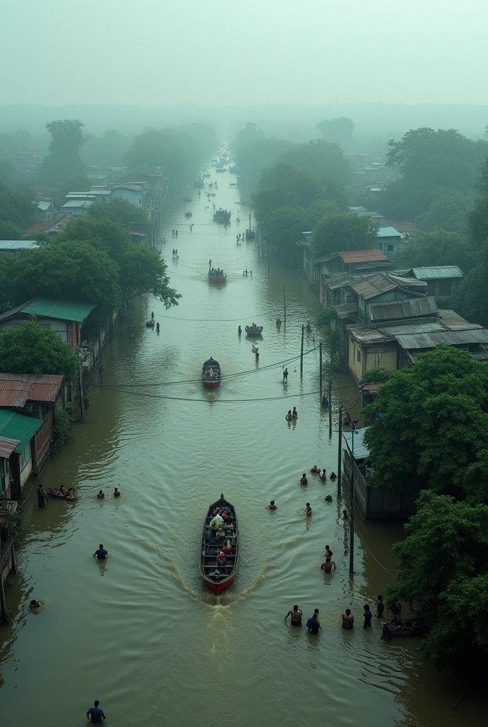 Flood in Bangladesh with over waterflow and sinking some peoples with crying and bangladesh army are trying to help them with boat
