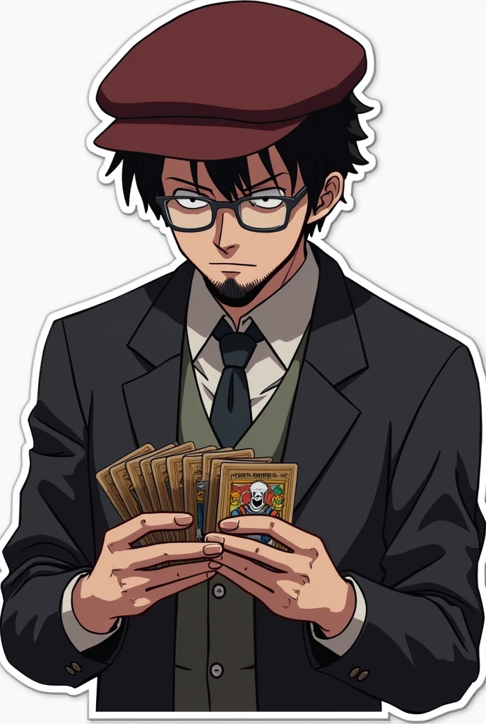 black hair man, emotional, with One Piece cards in hand, short black beard, glasses to see and a wine red hat, image in the form of a sticker