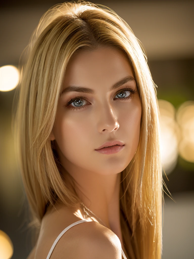A hyper-realistic portrait of a tall, slender sexy woman with a curvy body, long flowing blonde hair, and light green eyes. She is standing directly in front of the camera, gazing intensely at the lens with a serious and profound expression. Her gaze is fixed, slightly disinterested, and exudes a hint of arrogance, emphasized by the sharpness of her eyes and the arch of her eyebrows.The camera is positioned slightly above her eye level, angled downwards for a more imposing and powerful composition. The background is a warm-toned, textured studio setting. The lighting is soft and diffused, using a 3-point lighting setup with key light at a 45-degree angle, a soft fill light to the opposite side, and a subtle backlight to create separation from the background. The color palette of the image should emphasize warm tones like amber, soft orange, and gold to enhance the subject’s complexion.The camera used is a high-resolution DSLR, such as the Canon EOS 5D Mark IV, equipped with an 85mm f/1.4 portrait lens, ideal for capturing the subject's facial details with a shallow depth of field. The aperture is set to f/2.8 to create a soft bokeh effect in the background, while the focus remains sharp on the woman’s eyes. The ISO is set to 100 for minimal noise, and the shutter speed is adjusted to 1/125s to perfectly balance the lighting and capture the subject with precision.
