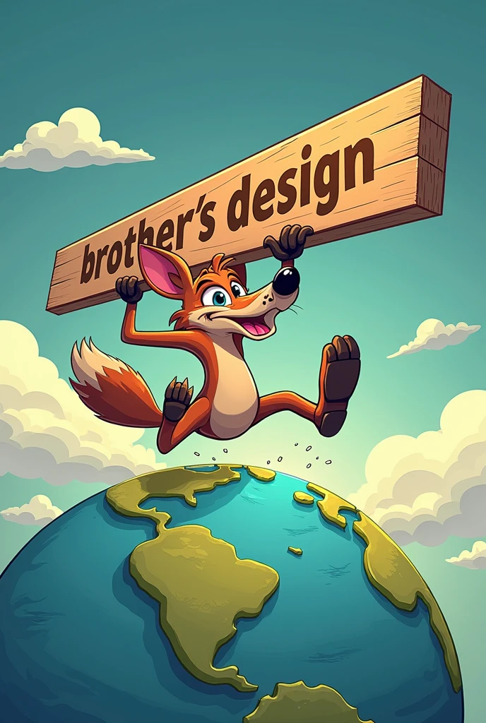 Cartoon coyote running and holding a large piece of wood, around the globe, uma placa grande escrita Brothers's Design