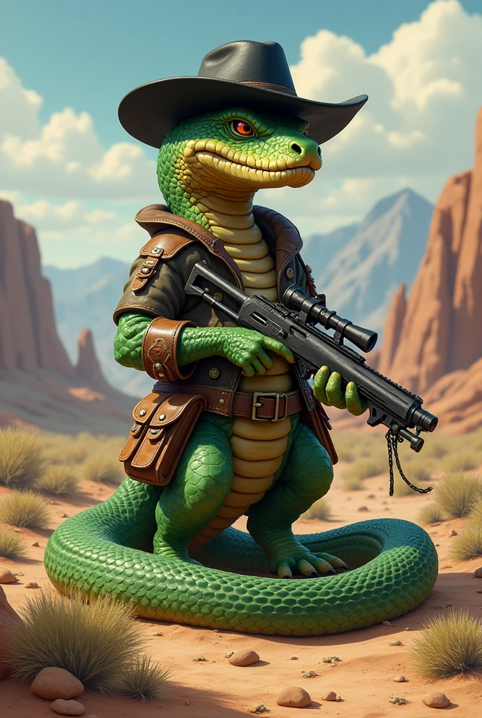 A moss green Rattlesnake wearing a black hat, wrapped in ammunition holsters, and at the tip of the tail where the rattle would be there is a minigun attached to it as part of the tail. Use Jake Rattlesnake from the animation Rango as a reference. I would like the art in a fantasy RPG style, in the old west.