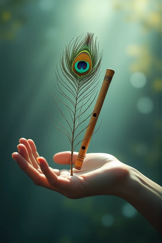 Peacock feather and flute, only hand