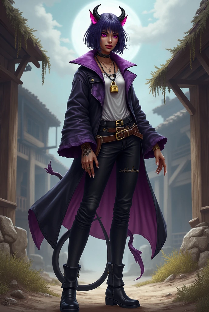 I would like a woman with bronze skin, dark purple short hair, pink eyes, and a padlock necklace. She has small animal ears on her head, a demon tail on her back, pointed teeth, and tattoos on her arms. She wears a small purple and black coat draped over her shoulders, covering her back, with a shirt underneath, pants,She has a side bag, black boots, and pants. I would like her to have a mature style and for the art to be in a fantasy RPG style set in the Old West.