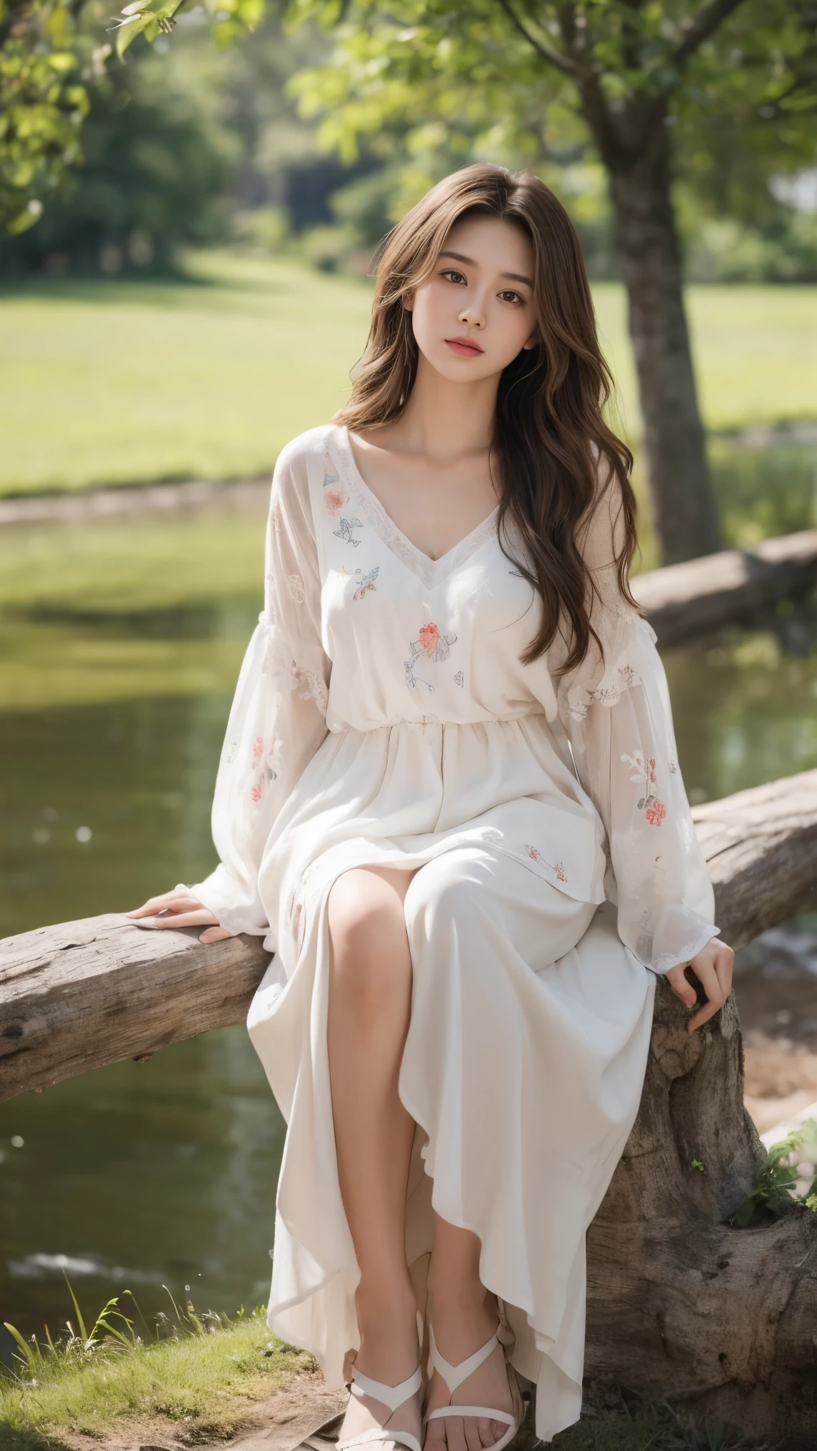 A serene and soft portrait of a young woman, full body, with long, wavy, light brown hair. natural medium big breast. She is facing to the right, gazing off into the distance with a calm and thoughtful expression. The lighting is natural and soft, creating a gentle glow on her face. She is wearing a light-colored, loose-fitting blouse with floral embroidery on the sleeves. wear white sandals. The background is blurred, with a cool, muted color palette, adding to the peaceful and contemplative mood of the scene.