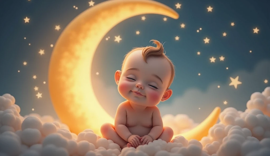 a baby listens to a lullaby and sits tenderly on a crescent moon in a fairy-tale space and there are many stars around, sleeps with closed eyes