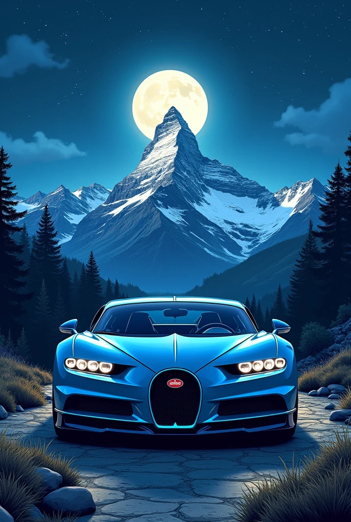 Create me a cover similar to the cover that was used in the Malo H song with the difference that I want a Bugatti car on a mountain at night, with the same art that was used on the cover, but it must be in drawing