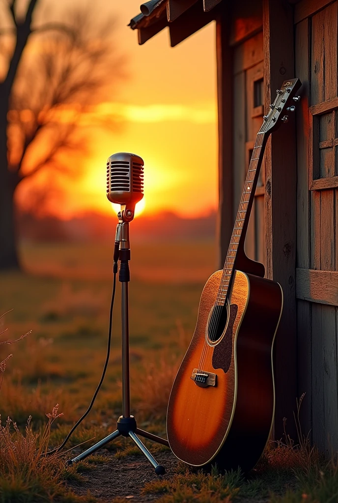 a square country album cover with a guitar and a microphone, the background is a wooden house, the sunset turns everything orange