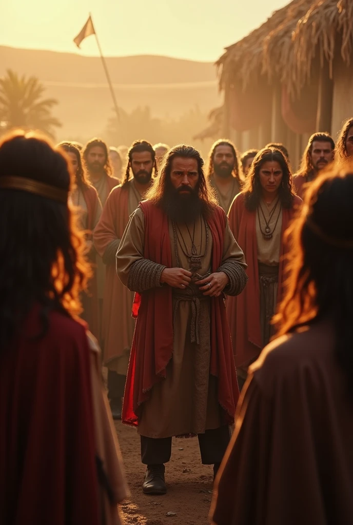 medium shot.Torchlight. historically accurate Spanish priests from 1400, 8k, wide plan, film composition, Volumetric Light, high détail, 8k, HDR, realisitic, fot, angry and violent men, lighting sun, cinematic, photorealisitic, cinematic lighting, cinematic filter, sharp focus, teaching Christianity to naive Americans