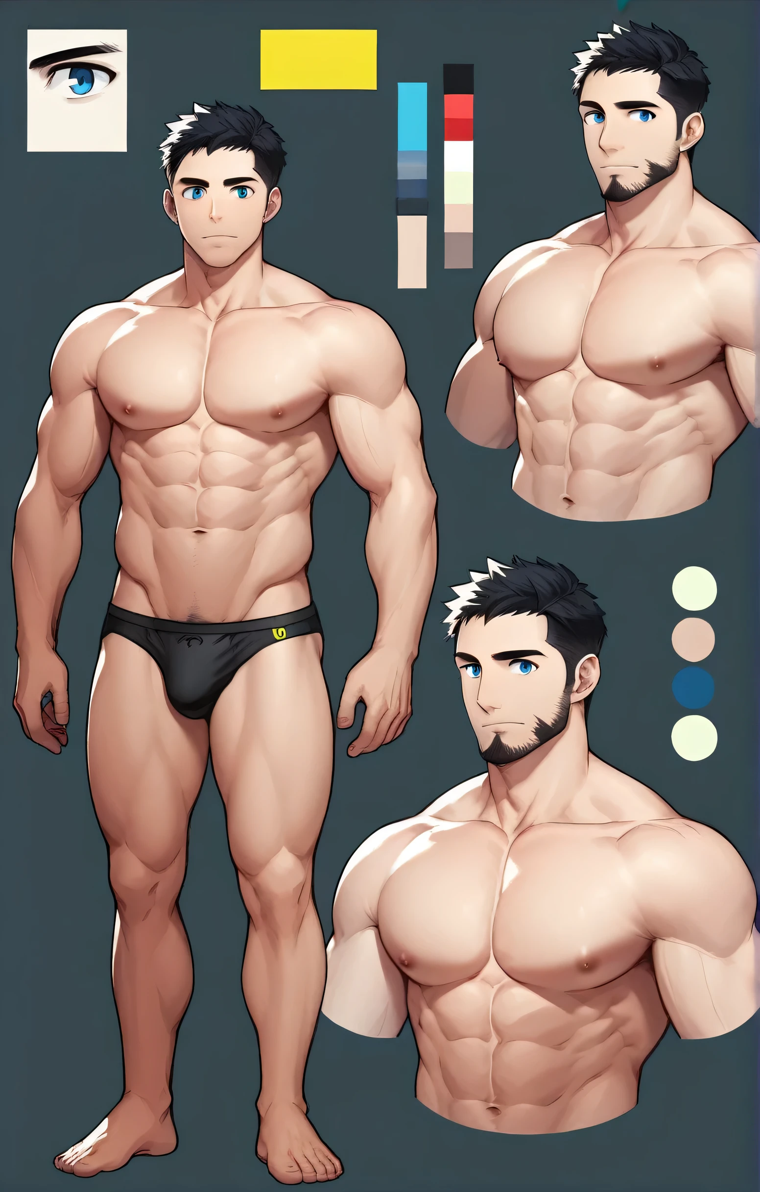 1boy, single, reference sheet, character design, front angle, side angle, rear angle, dynamic poses, huge men, tall man, muscle tall male, (masterpiece:1.2), (best quality:1.3), muscle body, athletic body. (Blue eyes), (short hair), (short bangs), (black hair), (pale skin), (reference sheet:1.5), naked, naked men, muscle, naked, nude, nsfw, Bara, 6ft. male, string underwear, tight, bulky body, muscle builder, handsome, pale skin color, beard, adult anime male, huge hips, wide hips, wide chest, daddy, 