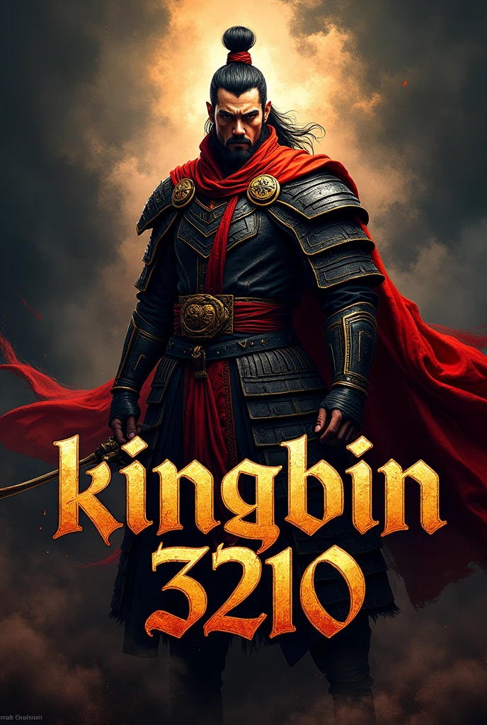 Create a lettering Kingbin3210 with a warrior in black red gold