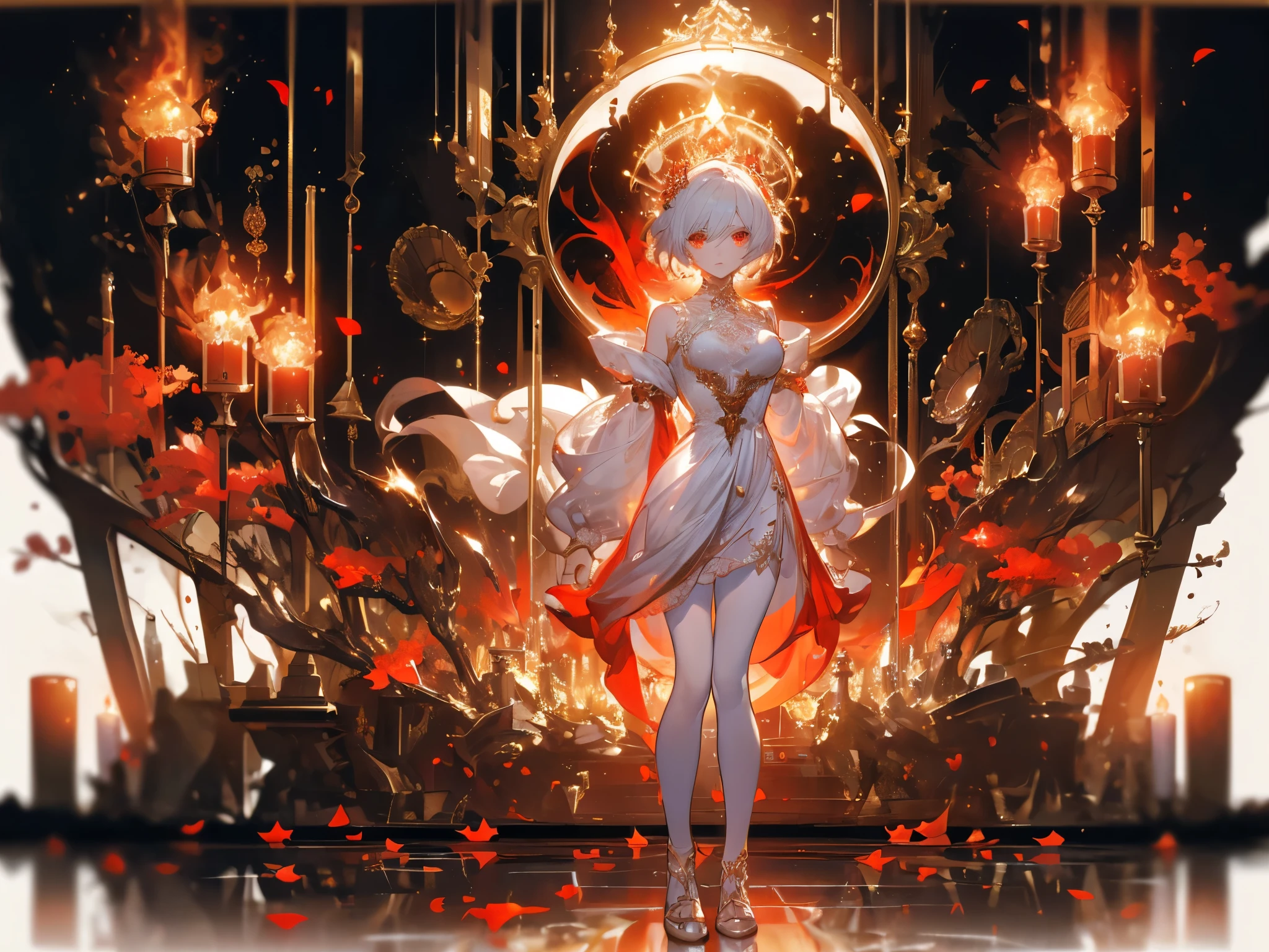 ((masterpiece, best quality)), Epic battlefield atmosphere,Ashes Paradise,Queen,Gold coat,Flame Surround,spark,Petals falling,A meticulous face,Standing image,Perfect body proportions,Long legs,Stylish short hair,Beautiful red eyes,Fantasy style,White background,transparent,Sexy,Lace,Pantyhose,NUDE