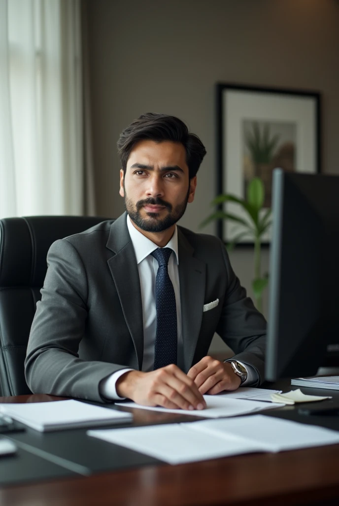 A Pakistani man in suit well sitting in office work