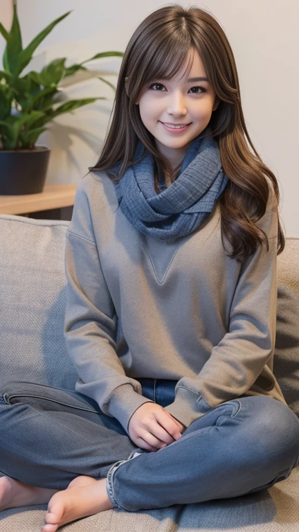 Bell, anime, Brown Hair, Medium chest, Brown eyes, A light smile, jeans, scarf, Grey sweatshirt, Blue pants, Sitting, Sitting cross-legged, Inside the smart home, Sitting on the couch, Shino Asada&#39;s Face, anime Sword Art Online, Highest quality、Tokyo Skytree、appear