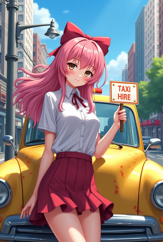 anime, drawing, pretty girl, White skin color, pink hair, works in taxi, He is holding a sign