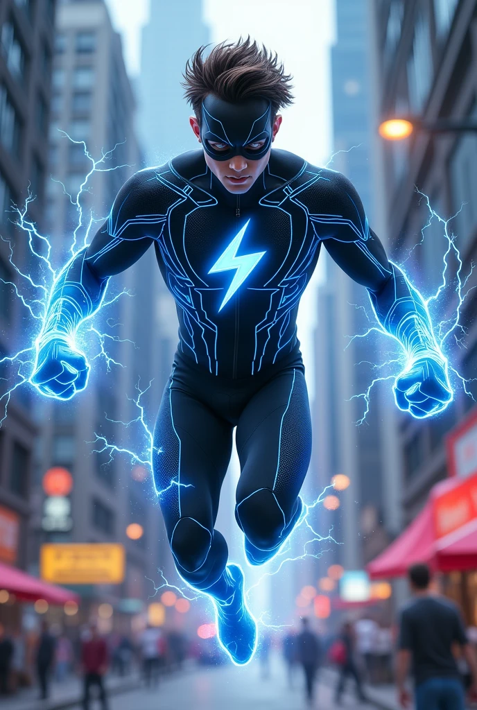 Make me a superhero whose suit is black with blue details, with super speed with lightning details on his hands and feet with a lightning emblem on his chest, with a mask and everything in an animated version that is not muscular, that you can see his hair and that he is a man