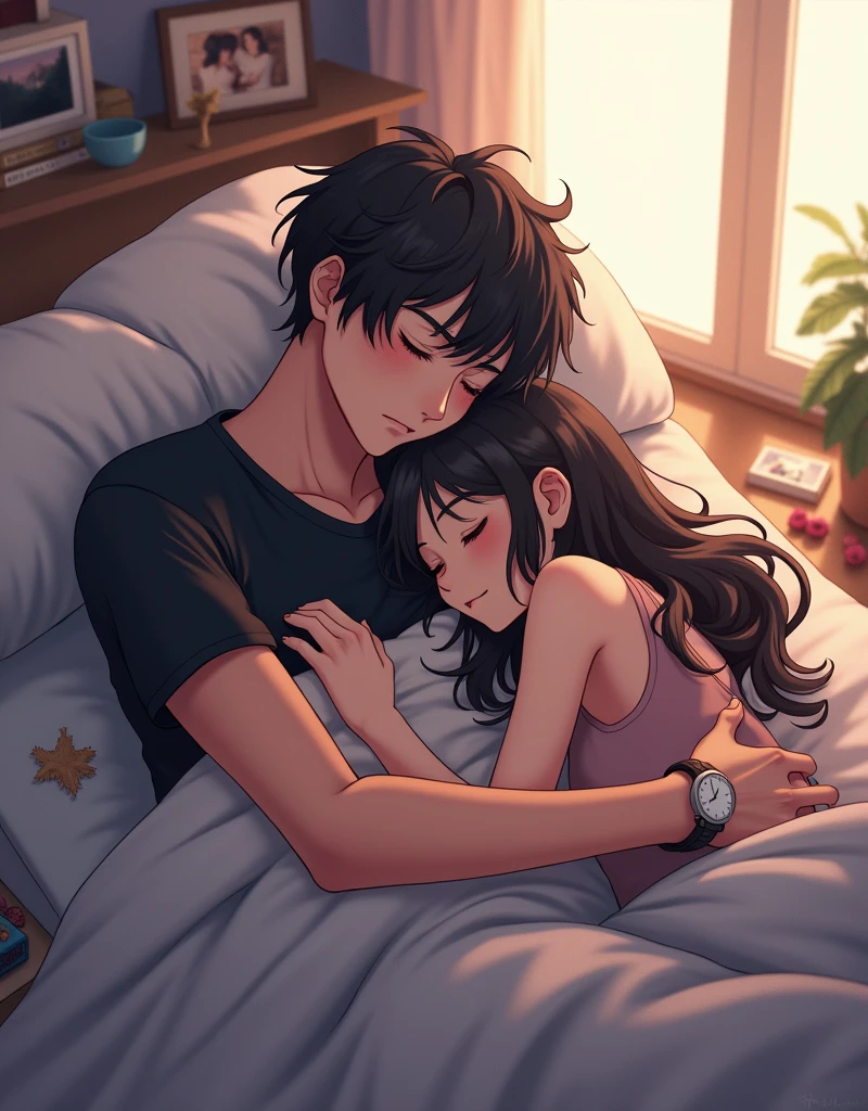 Create a anime style landscape image. Digital illustration featuring a young couple lying in bed, embracing each other. The male character has short, tousled dark hair and is wearing a black shirt, with a watch on his left wrist. He has a fair skin tone and a calm, serene expression as he sleeps. The female character has long, flowing dark hair and is wearing a sleeveless top. She also has a fair skin tone and appears to be peacefully asleep, nestled against the male character. The background includes a window with soft light streaming in, and various items such as books and photographs scattered around, adding a cozy and intimate atmosphere to the scene.