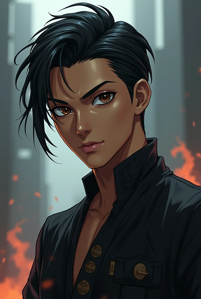 Young man character with black hair slicked back, dark brown eyes in demon slayer anime style