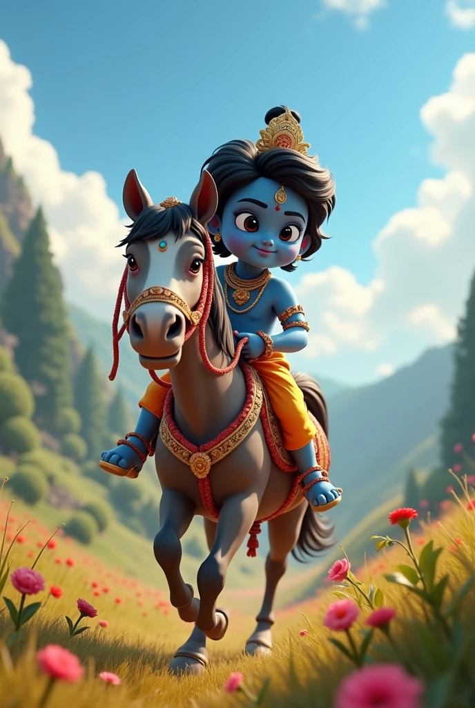 Create Cinematic 3d Cartoon Style video "Little Krishna Riding Horse"