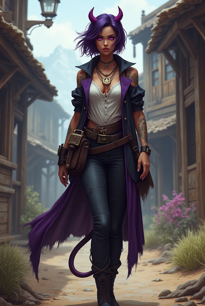 I would like a woman with bronze skin, dark purple short hair, pink eyes, and a padlock necklace. She has small animal ears on her head, a demon tail on her back, pointed teeth, and tattoos on her arms. She wears a small purple and black coat draped over her shoulders, covering her back, with a shirt underneath, pants,She has a side bag, black boots, and pants. I would like her to have a mature style and for the art to be in a fantasy RPG style set in the Old West.