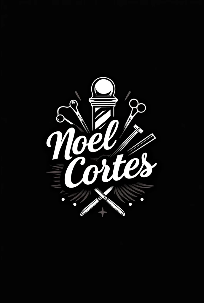 Faça uma logo escrita “Noel cortes” com a fonte bem detalhada é um símbolo 💈 atrás com alguns utensílios de barbeiro atrás é um fundo preto