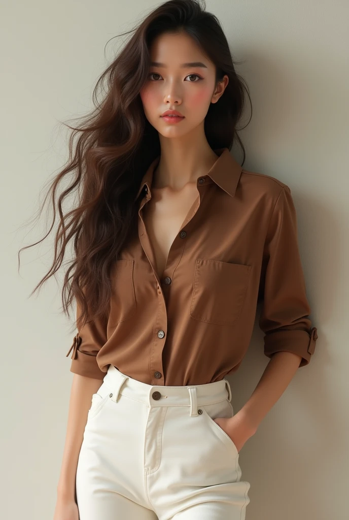A beautiful girl with long hair with medium size breast and curve ass and wearing brown shirt and white pant