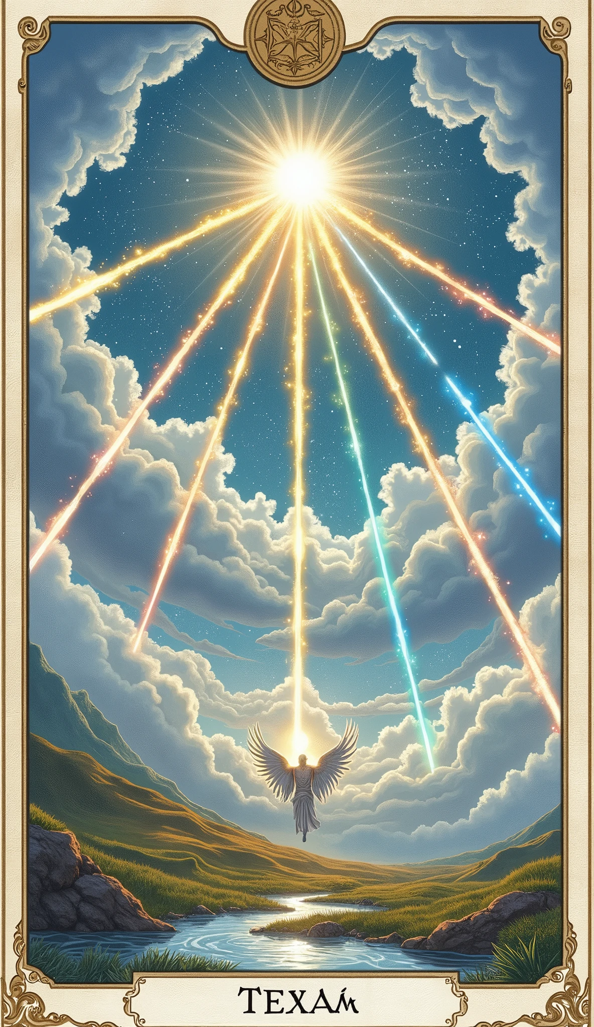 Create a breathtaking and hyper-realistic image for the Eight of Staffs in the Lumen Angelis Tarot deck. The scene captures the intense movement and momentum of eight luminous staffs of light as they soar through the sky in perfect unison. These staffs, each with a distinct hue—ranging from vibrant golds to deep blues—leave behind trails of glowing light, creating a dazzling display of speed and direction.

The staffs are depicted in mid-flight, arcing across a celestial landscape filled with swirling clouds and shimmering stars. Their paths converge toward a distant horizon, where a radiant light source—a divine gateway or celestial portal—beckons them forward, symbolizing imminent change and progress.

Below, the landscape is vast and open, with rolling hills and a flowing river that reflects the light of the staffs. The movement of the staffs is so swift that it seems to stir the very air, creating ripples in the clouds and causing the stars to twinkle more brightly.

In the foreground, the faint silhouette of an angel, ethereal and translucent, is seen releasing the staffs, their wings partially unfurled, as if guiding the energies toward their destined course. The angel's pose is one of purposeful action, embodying the energy of swift, focused movement.

The overall image exudes a sense of urgency, acceleration, and the unstoppable force of progress, staying true to the Rider-Waite symbolism of rapid action and communication, but with the added grandeur and divine essence of the Lumen Angelis deck."