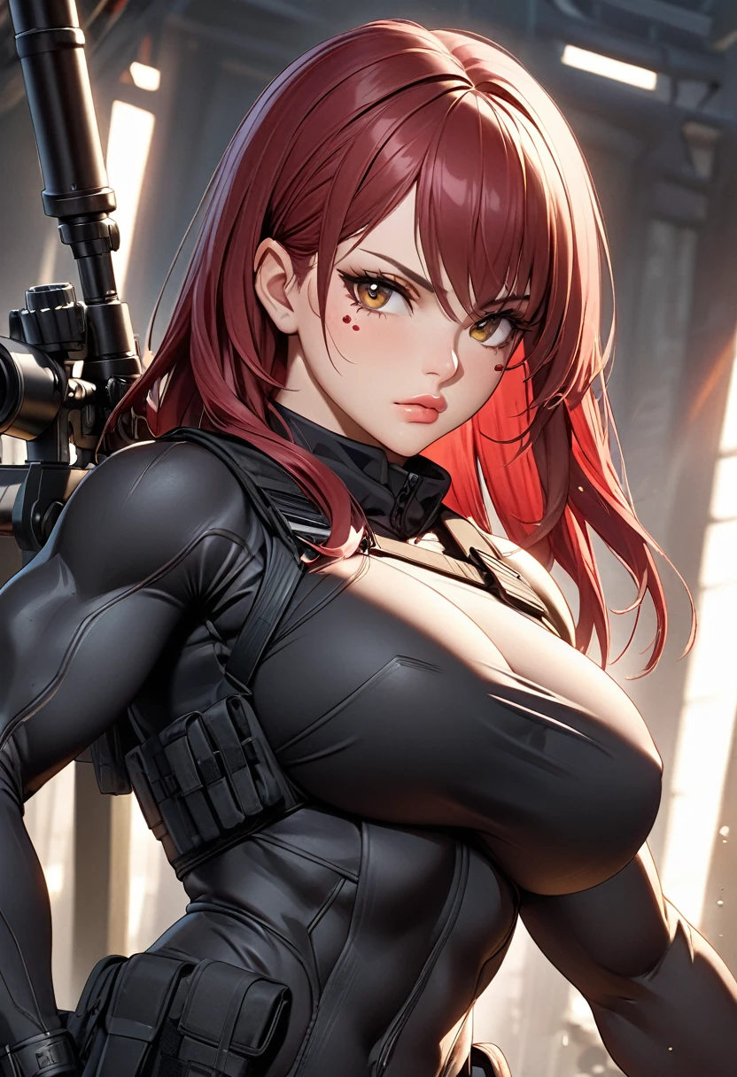 ((best quality)), ((artwork)), ((extremely detailed face)), ((perfect lighting)), ((extremely detailed CG)), ((perfect hands, perfect anatomy)) Appearance= Tall, busty, athletic, toned, pale, russian features, beauty mark under right lips, plump lip; hazel eyes; long straight maroon-red hair
Personality= Determined, strong-willed
Occupation= Sniper
 Clothing= Black tactical combat uniform.]