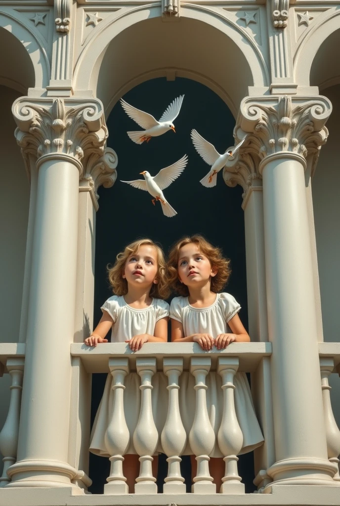 kids at balcony; pillars with vaulte arch; front view; with dress; caravaggio painting; white architecture; kids trying to catch the birds at the top of guard; hight quality face; back of the kids; super realism; white dress; almost falling from the balcony;