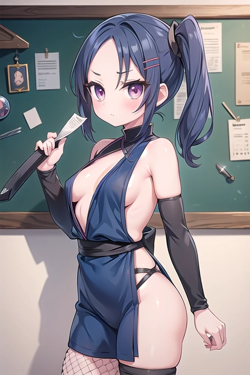 1 Cute naughty Assassin girl, Pastel colors hair, small breasts, (Thighs, fishnet pantyhose, ninja costume, Shinobi costume), short hair, (dark blue hair:1.2), (naked:1.3), (forehead:1.2, bangs pinned back, asymmetrical bangs, hairclip, side ponytail:1,2), standard height, (Serious, Large eyes, yuruyuri), at the adventurer's guild, A bulletin board with posted paper