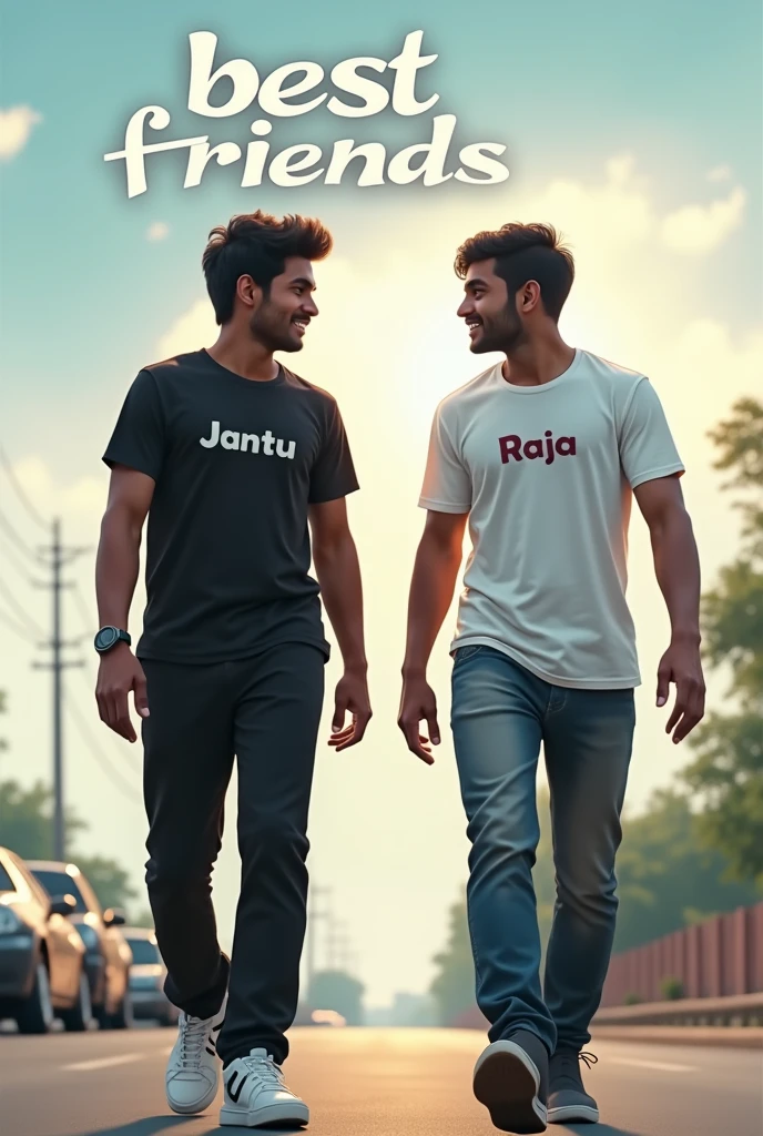 20 years old two indian boys walking on road, they are talking each other with laughing, first boy is wearing black T-shirt, with black pant, with name "JANTU" and second boy wearing White T-shirt on which Name "RAJA" is written, realistic image , 4k quality image. the words best friends written at top sky , make sure name should be visible.