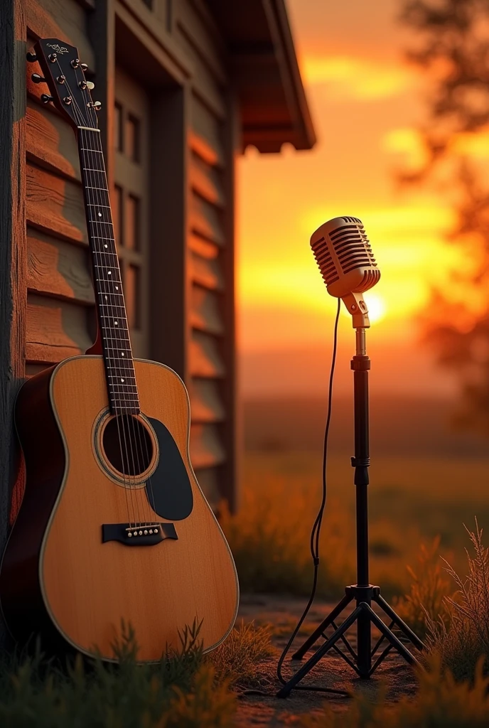 a realistic square country album cover with a guitar and a microphone, the background is a wooden house, the sunset turns everything orange
