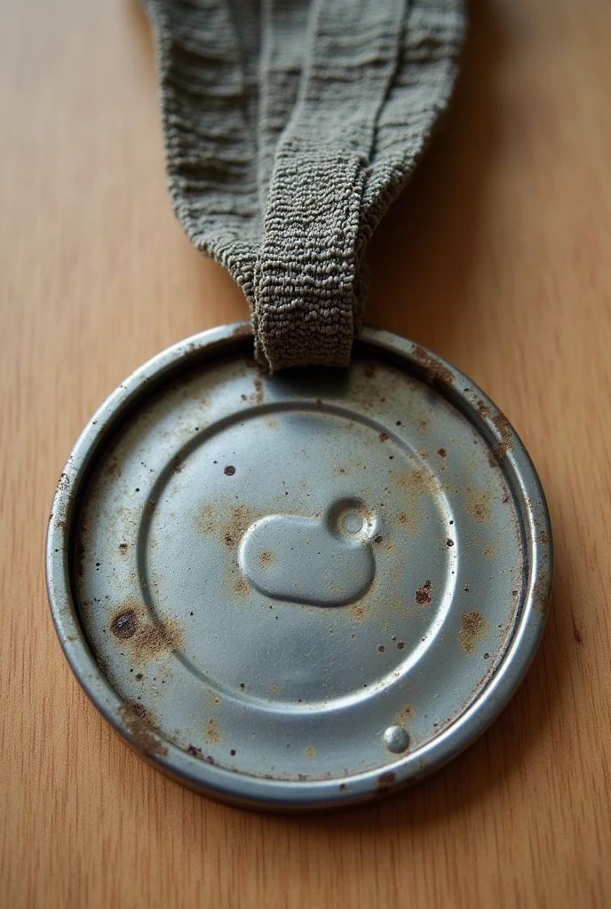 Medal made from a bean can. The string is made from tarpaulin.