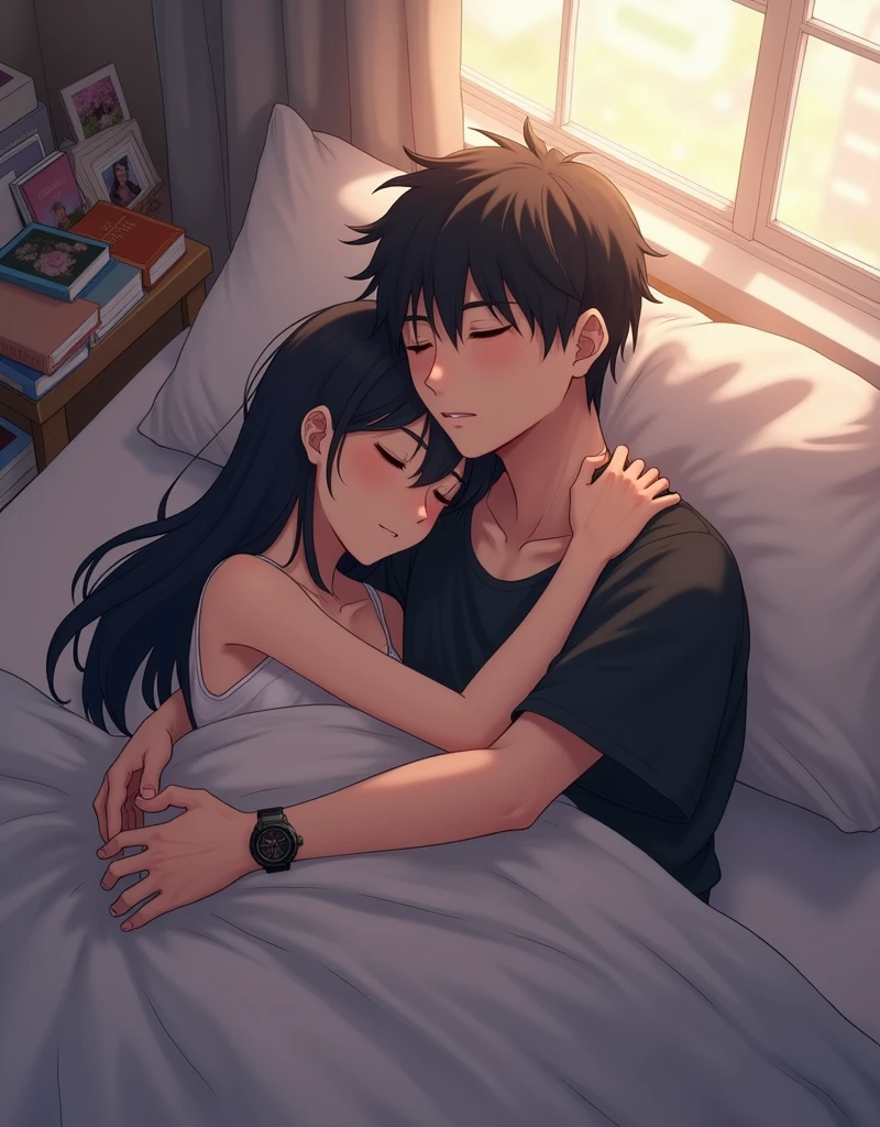 Create a anime style landscape image. Digital illustration featuring a young couple lying in bed, embracing each other. The male character has short, tousled dark hair and is wearing a black shirt, with a watch on his left wrist. He has a fair skin tone and a calm, serene expression as he sleeps. The female character has long, flowing dark hair and is wearing a sleeveless top. She also has a fair skin tone and appears to be peacefully asleep, nestled against the male character. The background includes a window with soft light streaming in, and various items such as books and photographs scattered around, adding a cozy and intimate atmosphere to the scene.