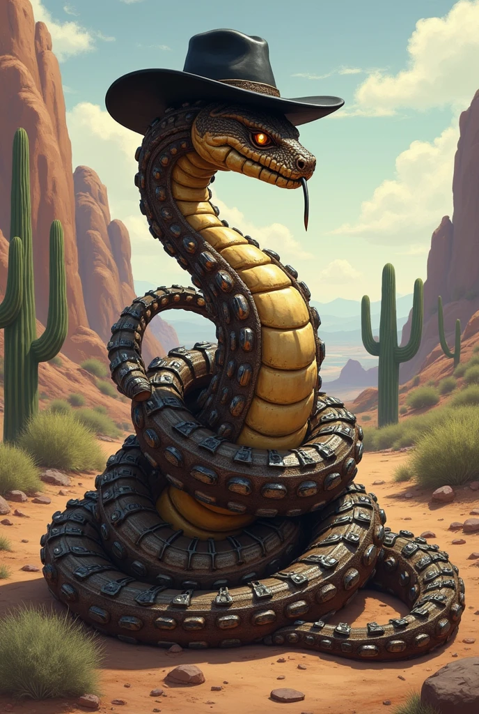 A brown rattlesnake wearing a black hat, wrapped in cold ammunition, and at the tip of the tail where the rattle would be there is a minigun attached to it as part of the tail.  Use Jake Cascavel from the animation Rango as a reference.  I would like the art in a fantasy RPG style, in the old west.