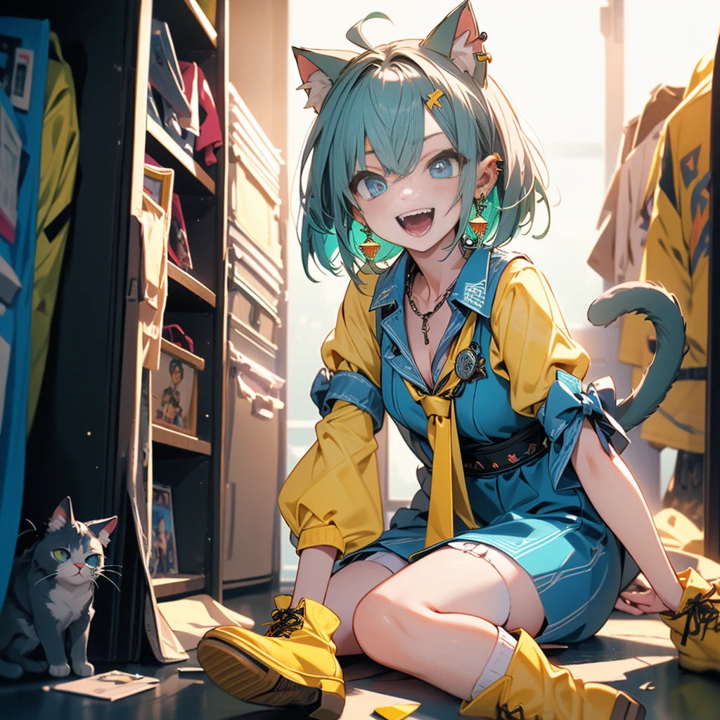 (8k, RAW Photo, Top Quality, Refined Details, Masterpiece: 1.2), (High Resolution 8k Wallpaper), Sharp Focus, Professional Lighting, Depth of Field, Cinematic Lighting, Background Blur, (1Girl:1.2), (small breasts:1.4), (naked:1.2),(fluffy tail: 1.2), Smile, whole body, (white knee-high socks: 1.2), (green hair: 1.2), (blue dress: 1.4), (yellow tie: 1.4), (yellow boots: 1.4), animal ears, short hair, earrings, cat ears,blue eyes, in a Japanese closet,